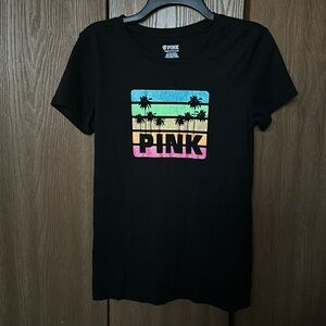 PINK Black T-Shirt with Colorful Palm Tree Design